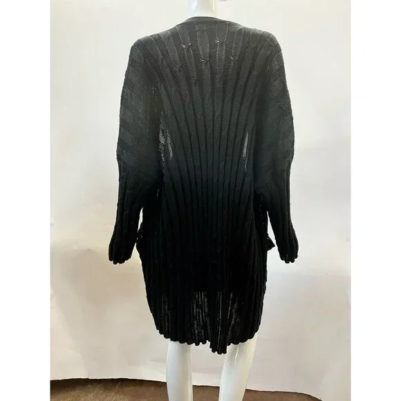 Eskandar Black Cable Knit Long Cardigan Sweater Open Front With Pockets Womens 1